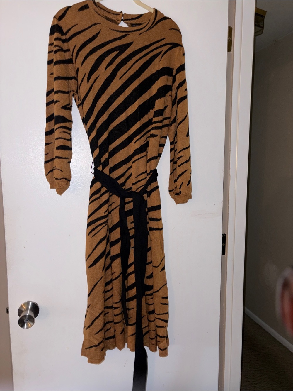 Who What Wear Tan and Black Zebra-Print Long Sleeve Knit Dress with Waist Tie